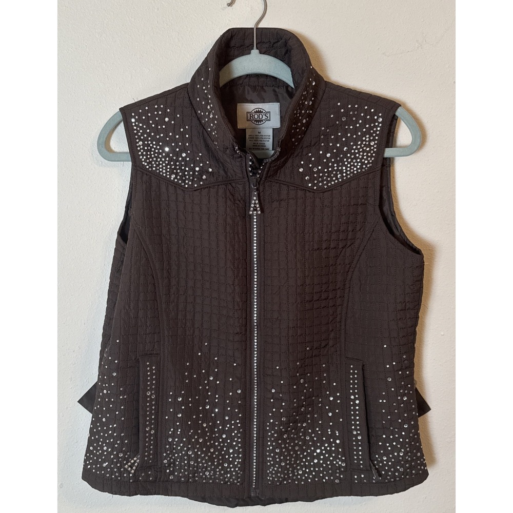 Vintage Rod's Women Medium Full-Zip Embellished Quilted Vest Gray Casual